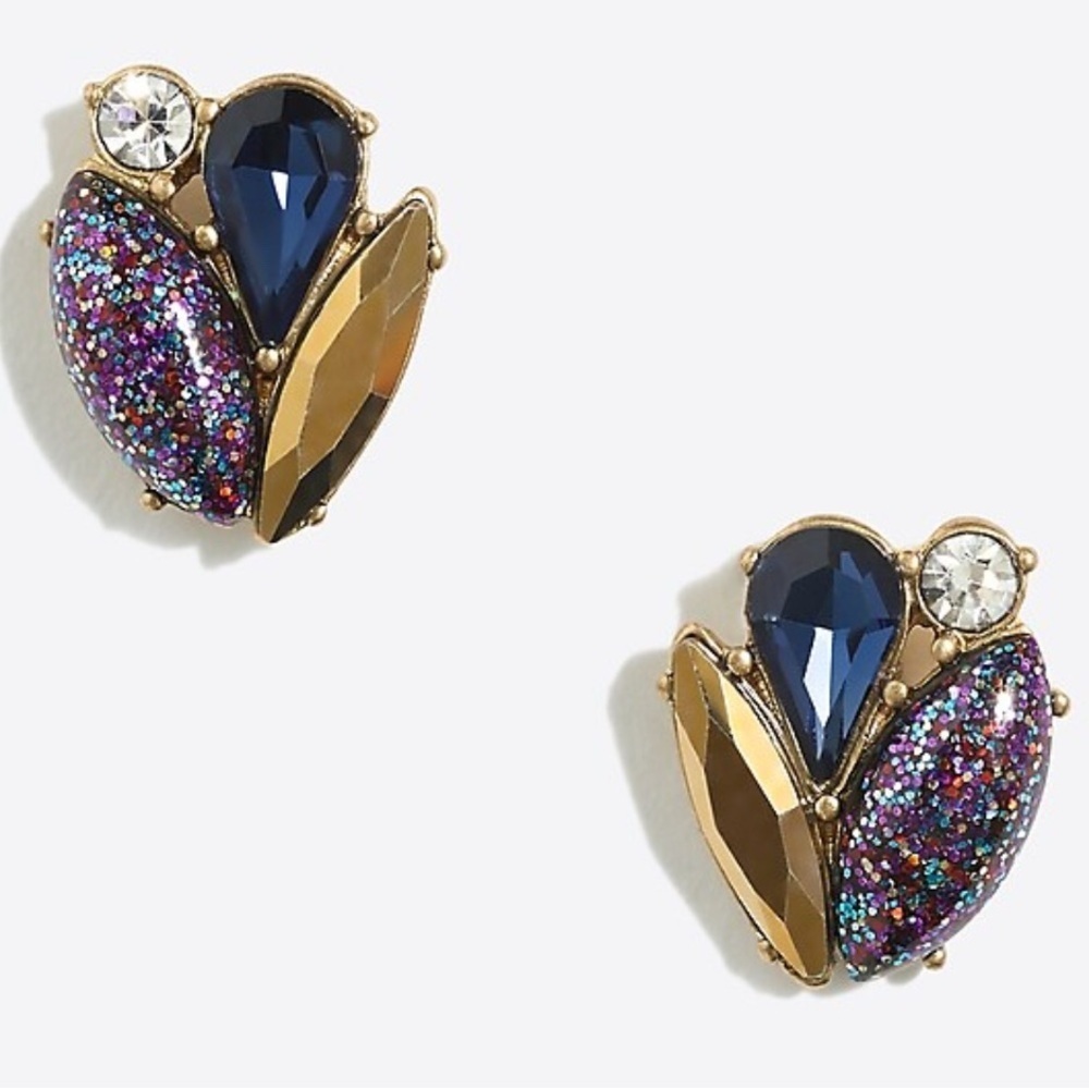 NWT J Crew Metallic Gold Tone Sparkle Cluster Crystal Stud Earrings Purple F9974